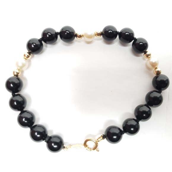 14K IPS Gold Black Onyx and White Pearl Bracelet - Picture 5 of 7
